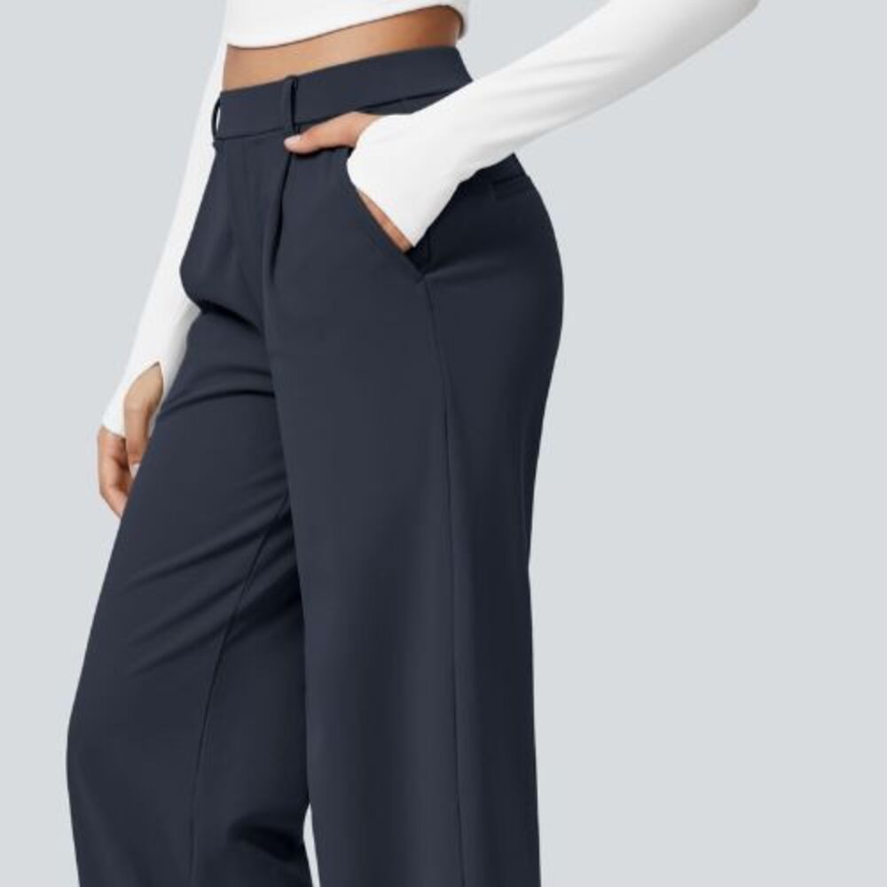 Halara Flex DayStretch Navy High Waist Pleated Pull On Pocket Pants Size Medium - Picture 8 of 9
